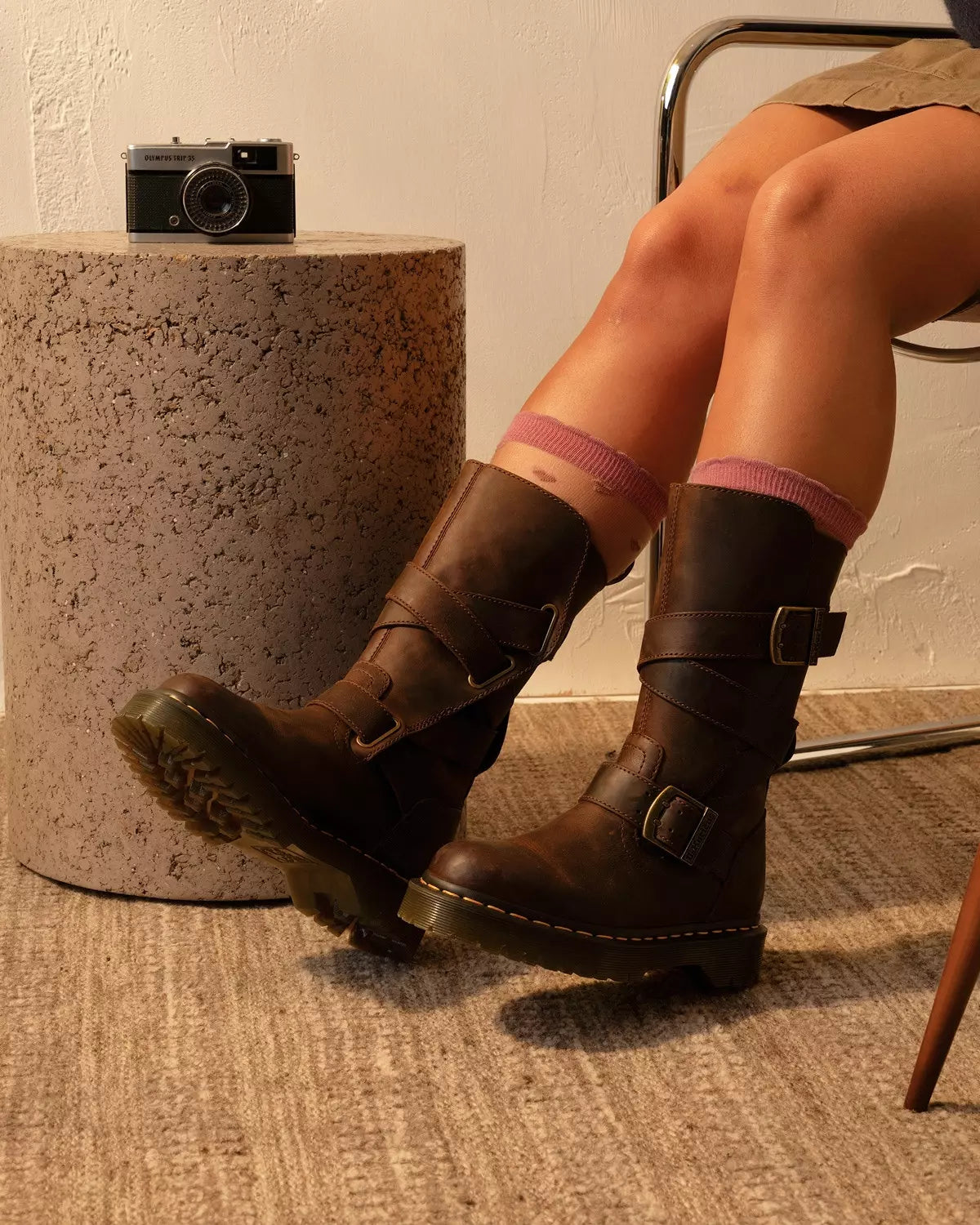 Anistone Two Strap Tall Crazy Horse Leather Biker Boots
